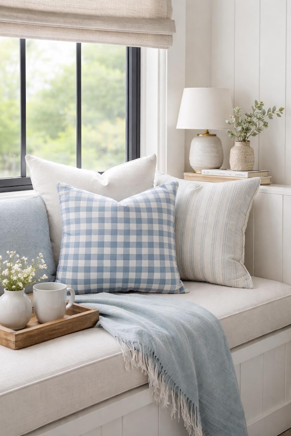 Rustic Blue Gingham Pillow Cover – Farmhouse Blue Checkered Throw Pillow, Vintage Cottagecore Cushion Cover