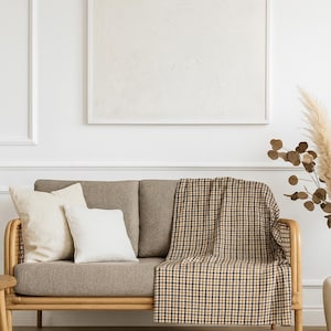 May include: A cozy living room scene featuring a brown sofa with two cream-colored pillows and a checkered throw blanket. The sofa has a natural wood frame. A large, framed abstract painting hangs on the white wall above.