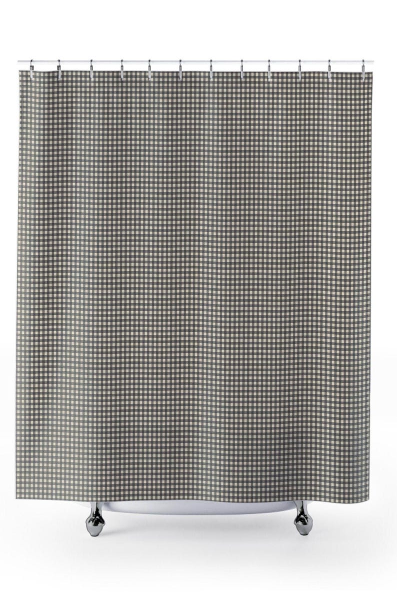 Charcoal gray and off-white gingham fabric shower curtain