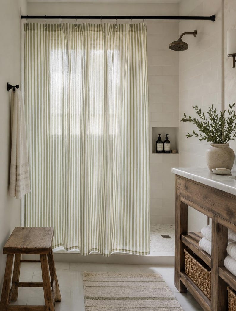 May include: A shower curtain featuring a vertical striped pattern in sage green and white. The curtain hangs from a black rod with rings, covering a shower area. The fabric has a light, semi-sheer appearance with consistent vertical lines throughout.