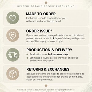 May include: An informational graphic with a beige background and dark text titled SOULFONES ORDER INFORMATION. It lists sections for MADE TO ORDER, ORDER ISSUE, PRODUCTION & DELIVERY, and RETURNS & EXCHANGES with icons and text details.
