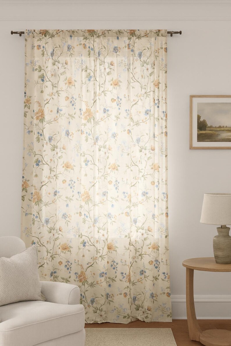 Vintage Floral Window Curtain – Beige Sheer Panel With Blue & Orange ...