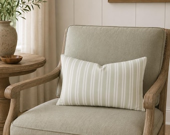 Green Striped Lumbar Pillow with Insert, Neutral Minimalist Sage Decorative Pillow Couch, Farmhouse, Coastal & Modern Living Room Cushion