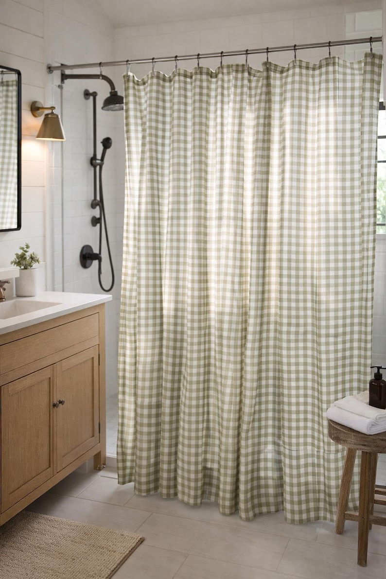 Olive green gingham shower curtain in farmhouse bathroom