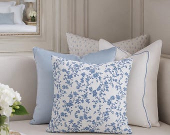 Blue Floral Pillow Cover, French Country Botanical Cushion, English Cottage Throw Pillow, Vintage Blue and White Decor