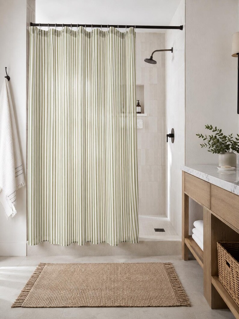 Cottagecore bathroom with natural sage green shower curtain