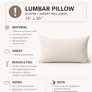 May include: An informational graphic for a 14 inch by 20 inch lumbar pillow, including cover and insert. The text details material as 100 percent spun polyester with a smooth printed finish, polyester filling, and notes on sizing and color variations.