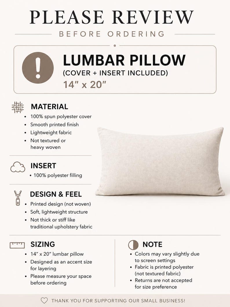 May include: An informational graphic for a 14 inch by 20 inch lumbar pillow, including cover and insert. The text details material as 100 percent spun polyester with a smooth printed finish, polyester filling, and notes on sizing and color variations.