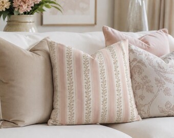 Blush Pink Floral Stripe Pillow Cover, French Country Throw Pillow, Shabby Chic Cottage Cushion Cover