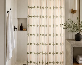 Retro geometrisch douchegordijn, modern badkamerdecor uit het midden van de eeuw, olijfgroen badkamergordijn, vintage mod-baddecor, atomaire stijl