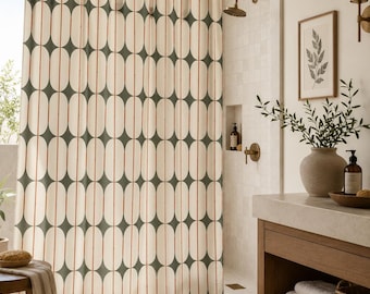 Retro Geometric Shower Curtain, Mid Century Modern Bathroom Decor, Olive Green Bathroom Curtain, Vintage Mod Bath Decor, Atomic Style