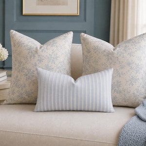 May include: Two square throw pillows featuring a light blue floral pattern on an off-white background, paired with one rectangular lumbar pillow displaying a light blue and white vertical stripe pattern, all arranged on a neutral-colored sofa.