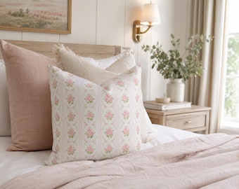 Shabby Chic Pink Rose Stripes Pillow Cover, Vintage Floral Cushion Cover, Romantic Feminine Cottagecore Home Decor, Girls Dorm Pillow