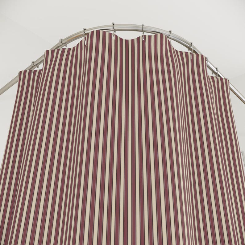 Deep red and cream stripe shower curtain close-up