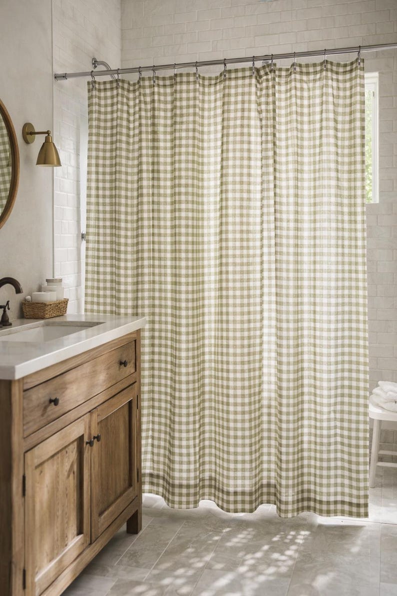 Cottagecore bathroom with green and white checkered shower curtain