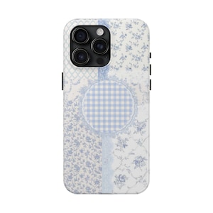 Coquette Blue Floral Phone Case, Vintage Lace Patchwork iPhone Cover, Shabby Chic Feminine Aesthetic for iPhone 16 15 14 13 12 Pro Max