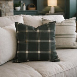 Dark Green Plaid Pillow Cover – Tartan Check Cushion, Rustic Cabin Throw Pillow, Double Sided Print, Farmhouse & Cottagecore Decor