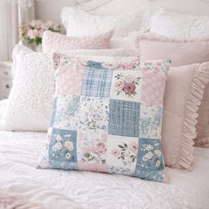 Funda de almohada con estampado floral de patchwork Shabby Chic, cojín cottagecore, funda de almohada estilo rústico vintage rosa y azul, sin relleno