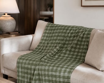 Green Plaid Velveteen Plush Blanket, Cozy Lightweight Throw for Couch & Bed, Farmhouse Plaid Blanket, Soft Polyester Throw 30x40 50x60 60x80