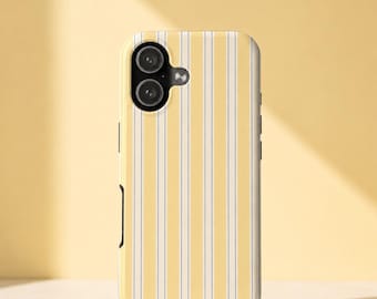 Geel blauw gestreept iPhone-hoesje, zomer levendige esthetische minimalistische lijn voor iPhone 17 16 15 14 13 Pro Max, botergeel chique trendy hoes