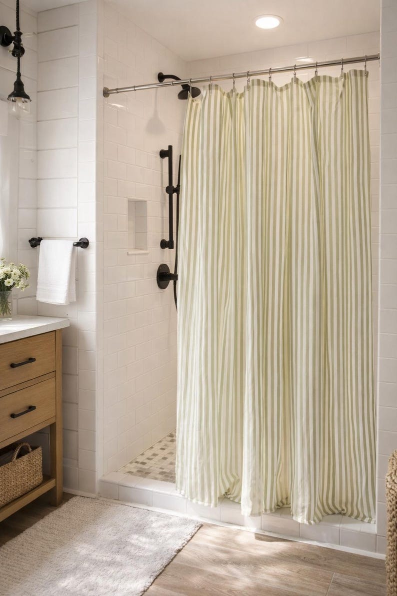 May include: A shower curtain featuring a vertical striped pattern in light sage green and white. The curtain hangs from a silver metal rod with circular rings, covering the opening of a walk-in shower stall with white subway tile walls.