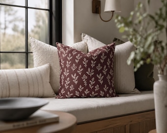 Burgundy Floral Pillow Cover – Red Wine Botanical Throw Pillow, Cottagecore Cushion, Vintage Floral Decor, Deep Berry Pillow Case
