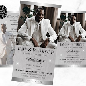 May include: A silver and black funeral program with a photo of a man in a white suit. The program includes the name "James P. Turner", the dates "June 10, 1972 - April 17, 2024", and the text "Saturday, April 27, 2024 | 2:00 PM". The program also includes the name of the church, "St. Mark United Baptist Church", and the address "3041 Thomas St. Langford, ML 30034".