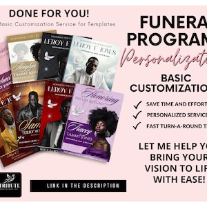 Może przedstawiać: Grafika w kolorze różowym i białym z tekstem "DONE FOR YOU!" i "FUNERAL PROGRAM Personalization BASIC CUSTOMIZATIONS" z zaznaczonymi polami wyboru obok tekstu "SAVE TIME AND EFFORT", "PERSONALIZED SERVICE" i "FAST TURN-A-ROUND TIME". Grafika zawiera również tekst "LET ME HELP YOU BRING YOUR VISION TO LIFE WITH EASE!" i link do opisu.