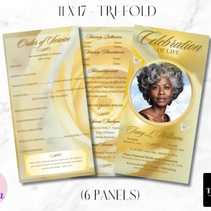 Floral Funeral Program Template: Yellow Gold, Editable (11x17 Tri-fold, Digital)