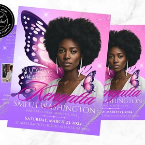 Op de afbeelding: Een paarse en roze rouwkaart met een vlinderontwerp en een foto van een vrouw. De tekst luidt "In liefdevolle herinnering Kenyatta Smith Washington 12 januari 2000 - 11 maart 2024 Zaterdag 23 maart 2024 St. Mark Baptist Church Atlanta, GA 30012"
