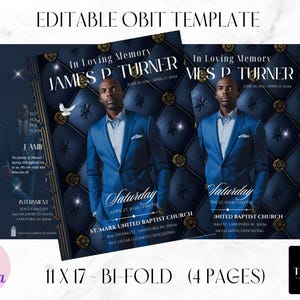 May include: A blue and gold bi-fold funeral programme template with a photo of a man in a suit. The template is 11 x 17 inches and has the text "In Loving Memory" and "James P Turner" on the front.