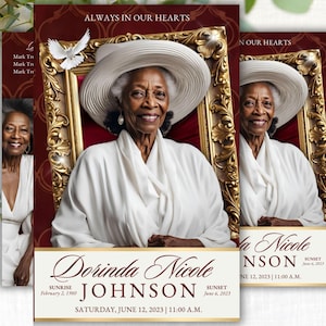 4-Page | 5.5&quot;x8.5&quot; Bi-fold Funeral Program Book Design | Maroon (red) and Gold | Obituary Book| Celebration of Life | Canva Funeral Template