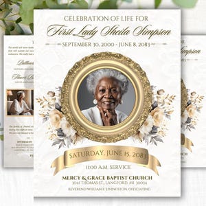 May include: A white funeral announcement with a gold frame surrounding a photo of a woman. The text reads "Celebration of Life for First Lady Sheila Simpson September 30, 2000 - June 8, 2083" and "Saturday, June 15, 2083 11:00 AM Service Mercy & Grace Baptist Church 3041 Thomas St., Langford, MI 30034 Reverend William F. Livingston Officiating".