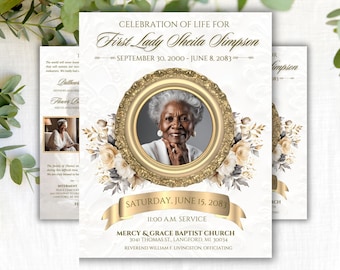 May include: A white funeral announcement with a gold frame surrounding a photo of a woman. The text reads "Celebration of Life for First Lady Sheila Simpson September 30, 2000 - June 8, 2083" and "Saturday, June 15, 2083 11:00 AM Service Mercy & Grace Baptist Church 3041 Thomas St., Langford, MI 30034 Reverend William F. Livingston Officiating".