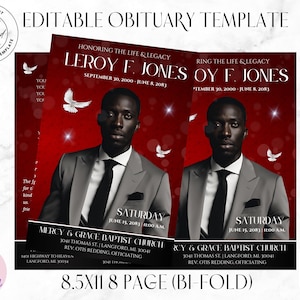 8-Page | 5.5&quot;x8.5&quot; bi-fold Funeral Program Book Design | Red and Black| Obituary Book | Memorial Keepsake | Canva Template