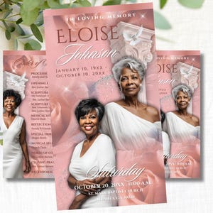 May include: A pink and white funeral order of service featuring a photograph of Eloise Johnson. The order of service includes her birth and death dates, the date and time of the funeral service, and the name of the church. It also features a dove and a floral design.