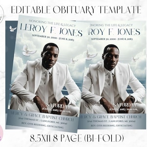 8-Page | 8.5&quot;x11&quot; Bi-fold Funeral Program Book Design | Blue & Silver Clouds | Obituary Book | Memorial Keepsake | Canva Template