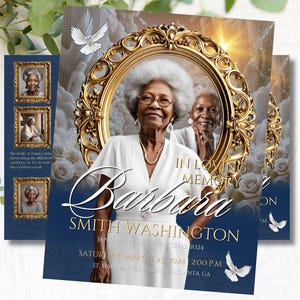 Modelo de programa funerário azul e dourado: livro de obituários de 8 páginas (modelo Canva)