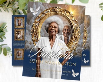 Blue & Gold Funeral Program Template: 8-Page Obituary Book (Canva Template)