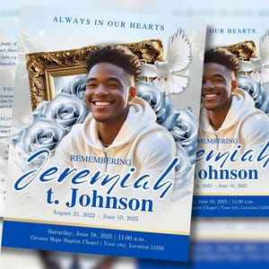 Light Blue Rose Funeral Program Template: 8-Page Memorial (Canva Editable, Digital Download