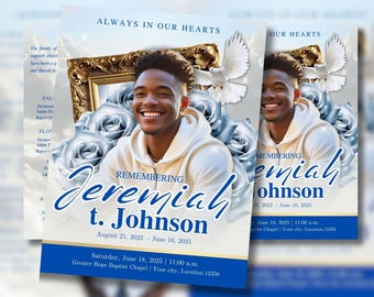 Light Blue Rose Funeral Program Template: 8-Page Memorial (Canva Editable, Digital Download
