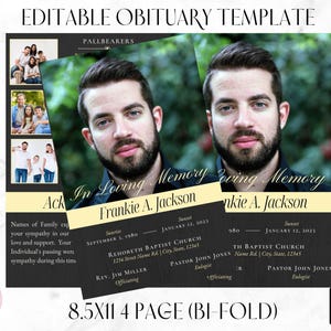 May include: A black and white bi-fold obituary template with a photo of a man in a green background. The text reads "In Loving Memory Frankie A. Jackson" and includes dates, church name, and officiant names.