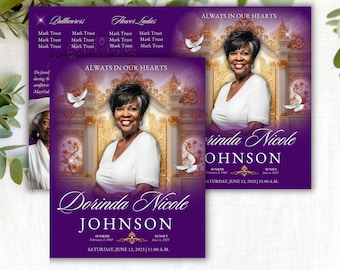 Floral Funeral Program Template: Purple & Gold Memorial (Canva, 8.5x11 Bifold, Digital Download
