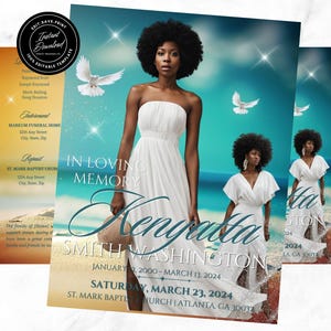 May include: A memorial service announcement for Kenyatta Smith Washington. The announcement features a photo of Kenyatta in a white dress, standing on a beach with a blue sky and white doves. The text includes the dates January 2, 2000 - March 13, 2024, and the location of the service, St. Mark Baptist Church, Atlanta, GA 30032.