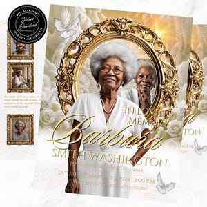 May include: A memorial card with a gold frame and a photo of a woman. The text reads "In Loving Memory Barbara Smith Washington January 12, 1940 - March 13, 2024 Saturday March 21, 2024 | 2:00 PM First Baptist Church Atlanta, GA"