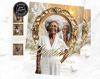 White and Gold Funeral Program Template: 12-Page Bi-fold (Canva Template)