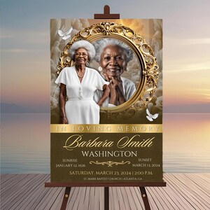 May include: A memorial sign with two portraits of an elderly woman in a gold frame. The sign includes the text "IN LOVING MEMORY Barbara Smith" with dates and location details. The sign is displayed on a wooden easel.