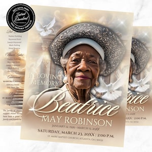 May include: A funeral announcement for Beatrice May Robinson. The announcement features a photo of Beatrice wearing a hat and a white dove. The announcement includes the dates January 12, 1926 - March 13, 20XX and Saturday, March 23, 20XX at 2:00 PM. The announcement also includes the location of the funeral, St. Mark Baptist Church, Atlanta, GA 30012.