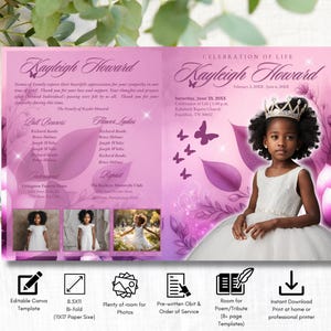 4-Page | 8.5x11 Bi-fold Funeral Program BOOKLET | Youth Pink and Purple | Obituary Book| Memorial Keepsake | Canva Template | #079