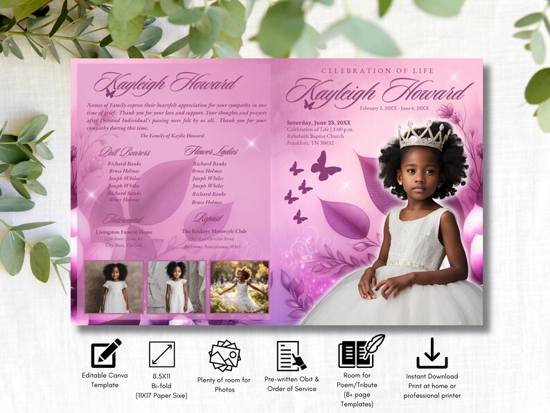4-Page | 8.5x11 Bi-fold Funeral Program BOOKLET | Youth Pink and Purple | Obituary Book| Memorial Keepsake | Canva Template | #079
